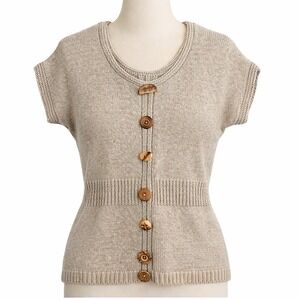 Vintage Renee Hauer Knit Women Beige Cotton Button USA Made  Ribbed Cottagecore